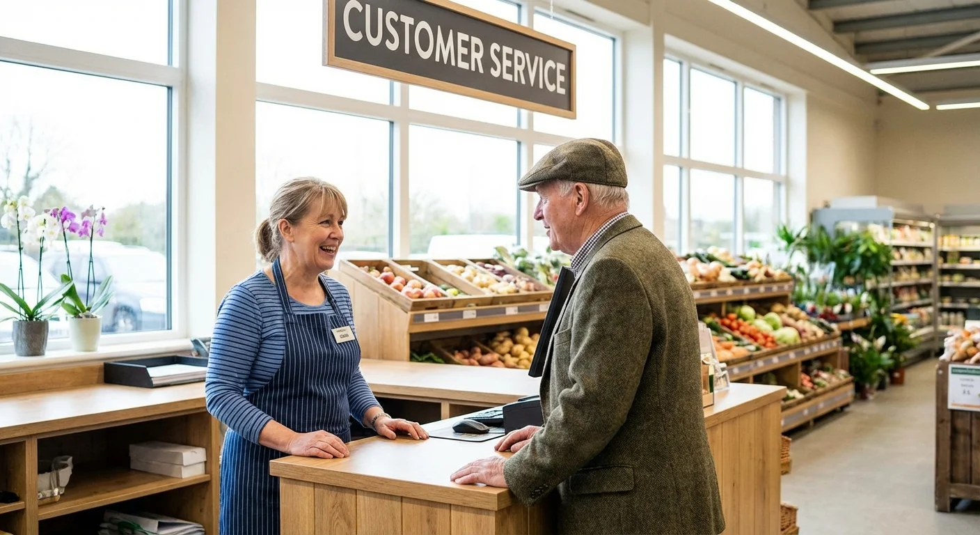 A store employee assisting a senior shopper.