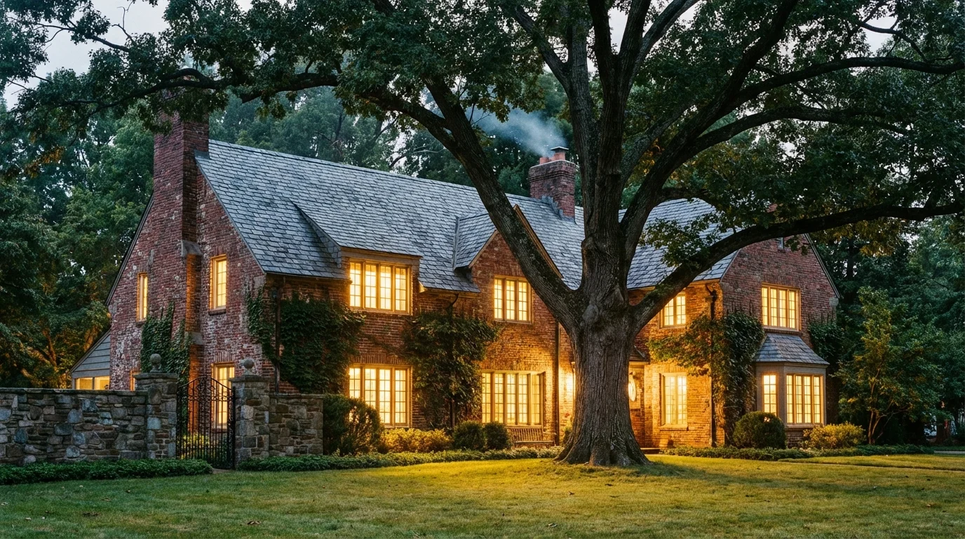 A sturdy, classic brick home at dusk, representing long-term stability.