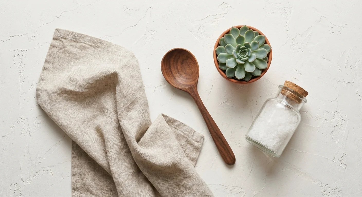 A stylish flat lay of household items on a neutral background.