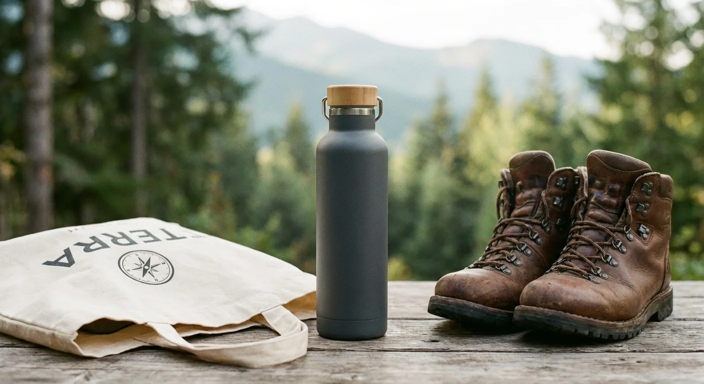 A stylish reusable water bottle on a table, representing eco-friendly savings.