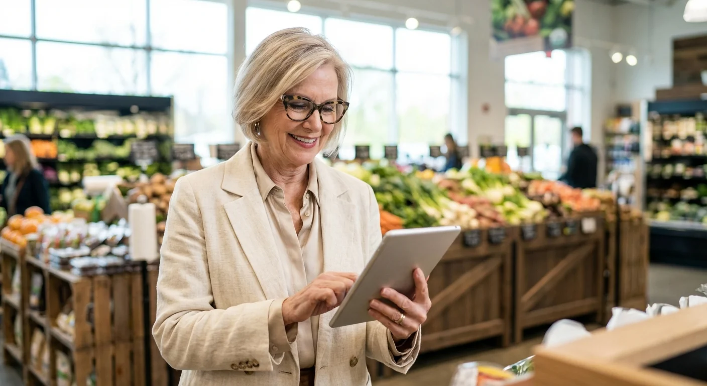 A stylish senior woman using digital coupons while grocery shopping.