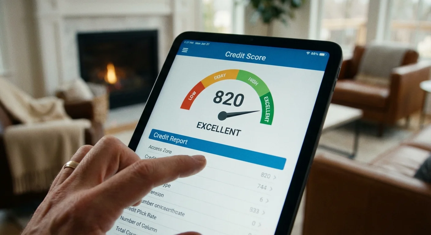 A tablet showing an excellent credit score and a credit report.