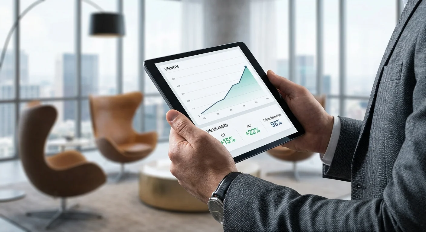 A tablet showing business growth and professional accomplishments.
