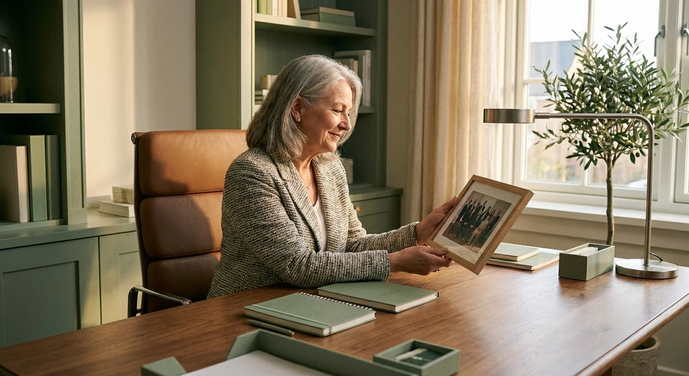 A thoughtful manager reflecting at their desk in a warm, professional office.
