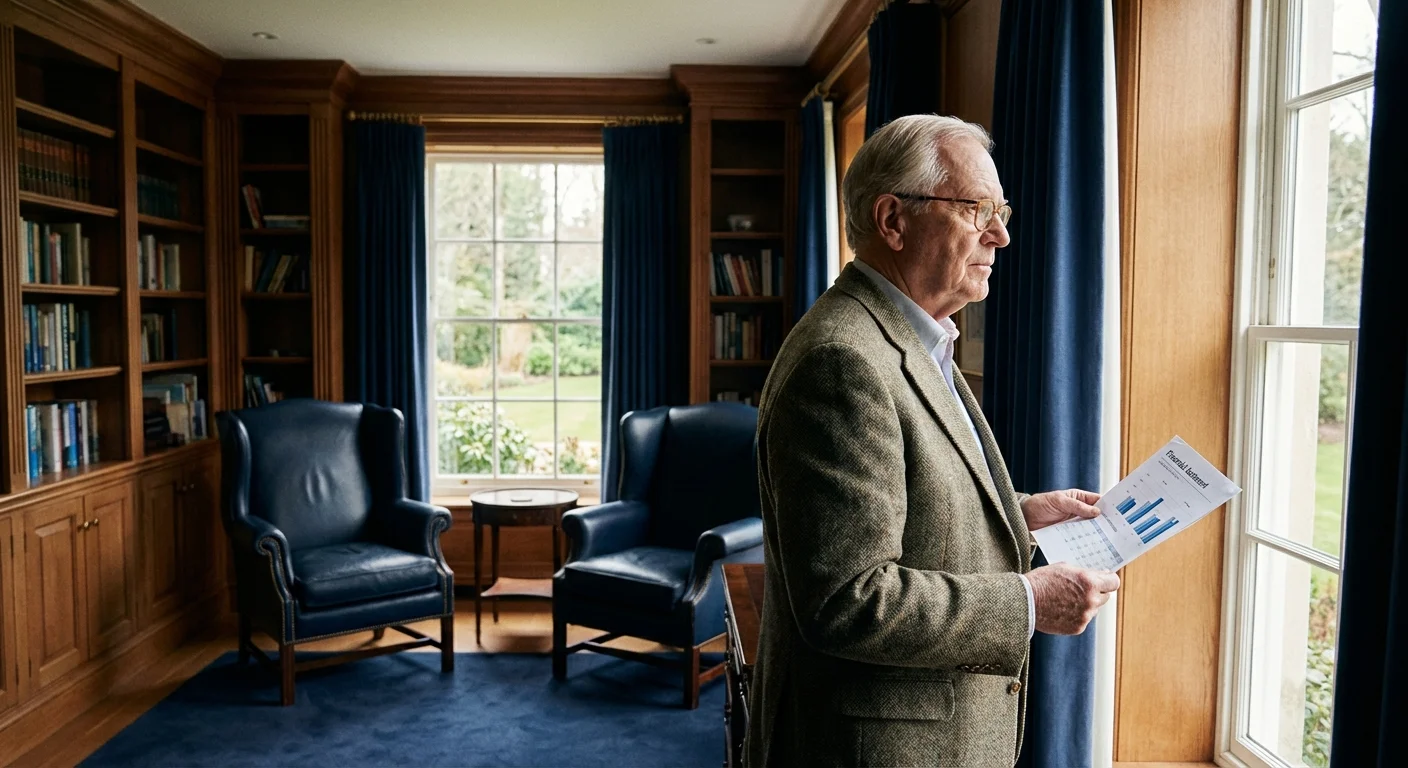 A thoughtful senior man reviewing financial documents in a sunlit home office.
