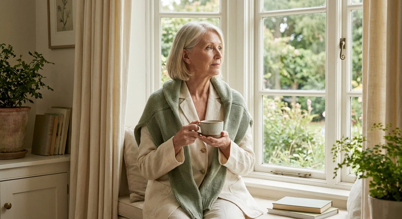 A thoughtful senior woman sitting by a window reflecting on her financial choices.