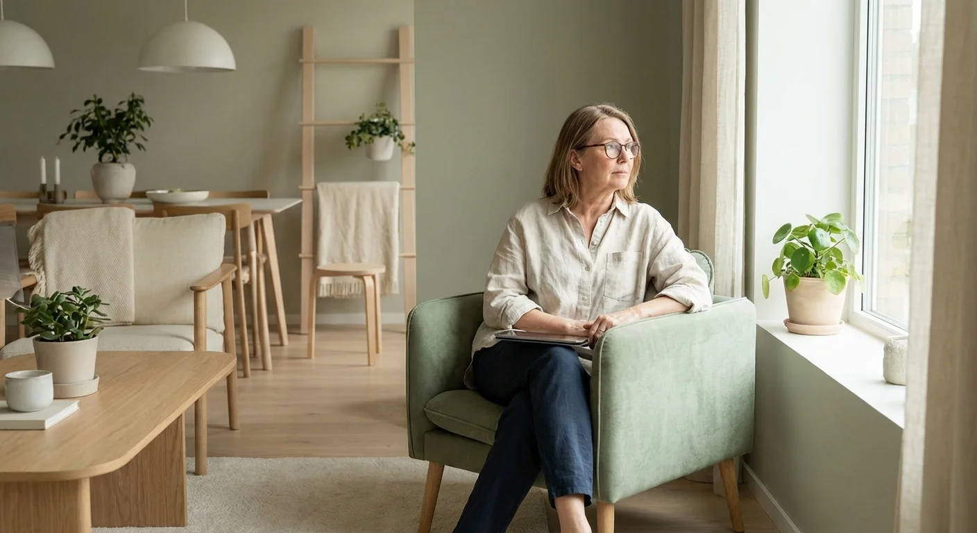 A thoughtful woman in a bright living room considering her retirement options.