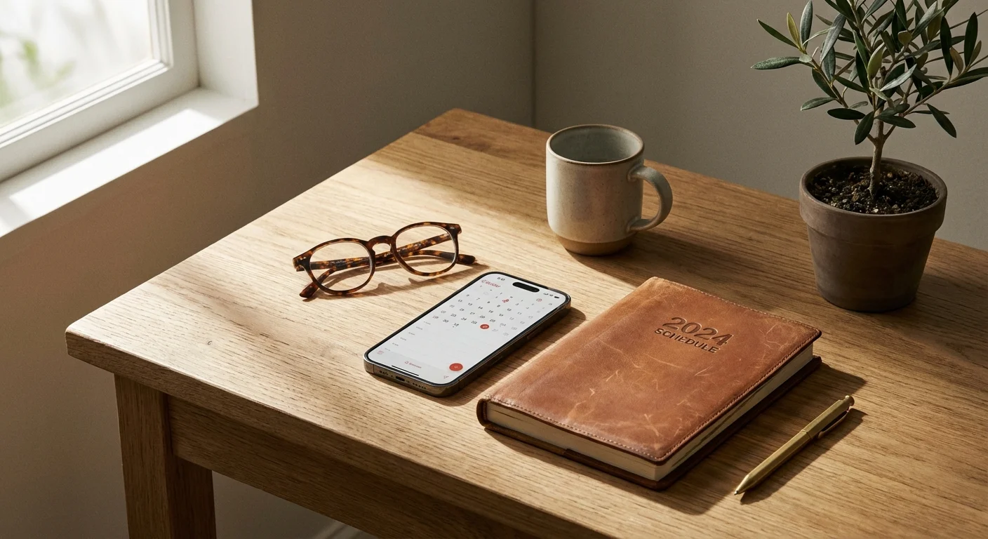 A tidy desk with a planner, glasses, and phone, bathed in soft sunlight.