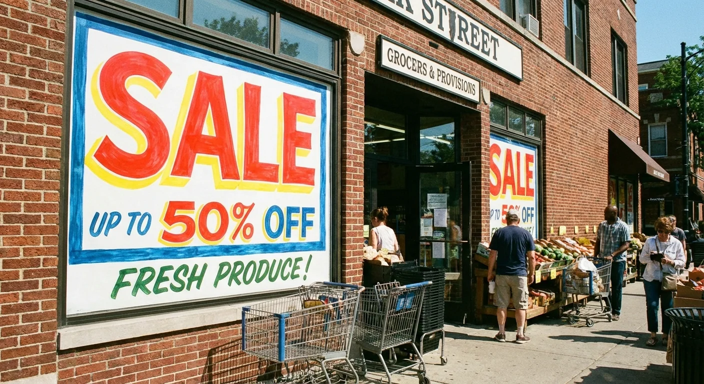 A traditional supermarket entrance with a sale sign.