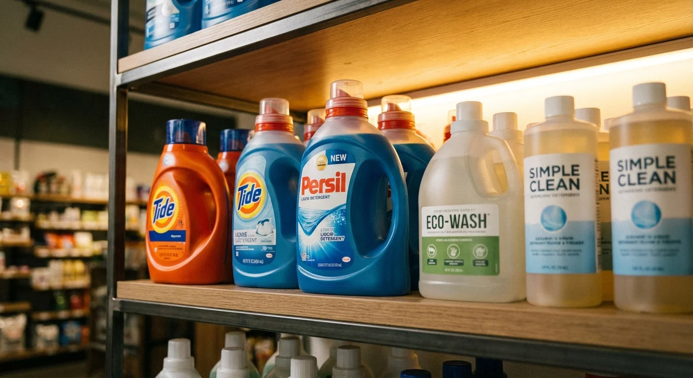 A variety of detergent brands on a clean retail shelf.