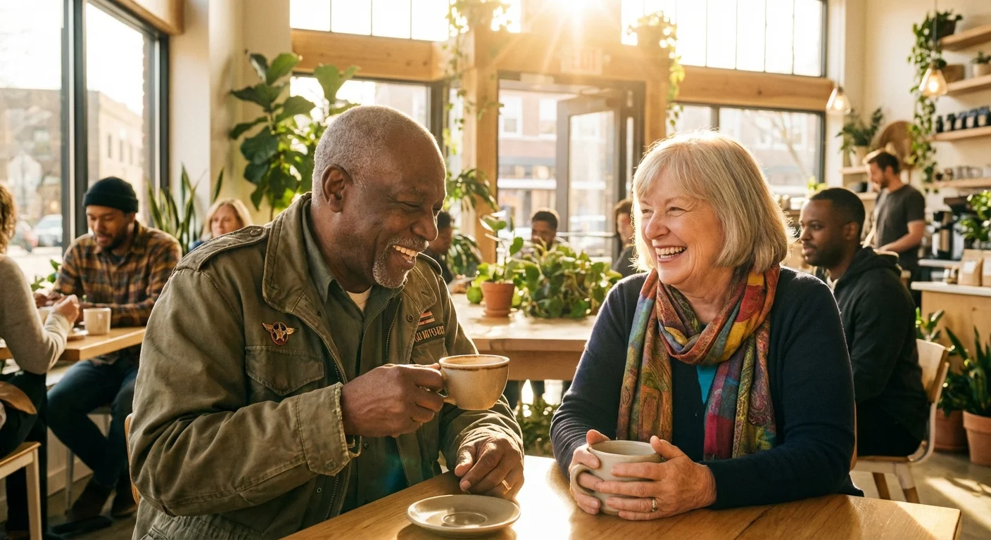 A veteran and a teacher talking over coffee, representing the different 'common bonds' of credit unions.