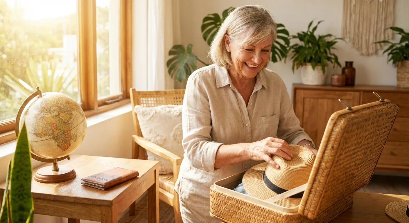 A vibrant senior woman happily packing her suitcase for a trip in a sunlit room.