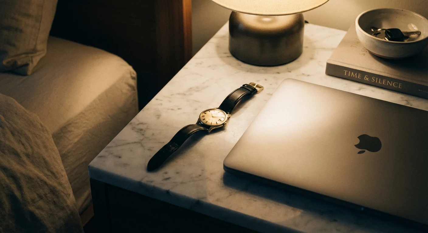 A watch and a closed laptop, symbolizing the 24-hour waiting rule for purchases.
