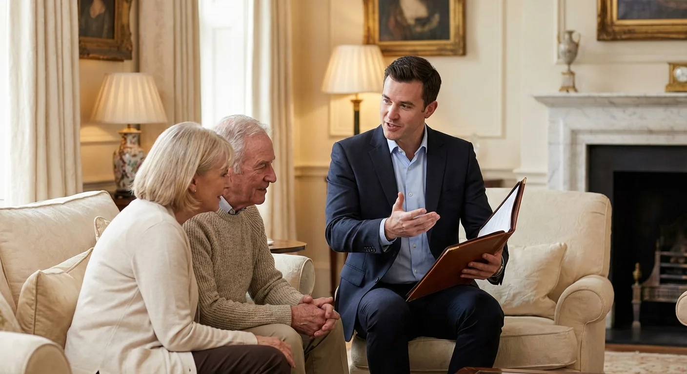 A well-dressed recruiter presenting a mysterious business folder to an older couple.