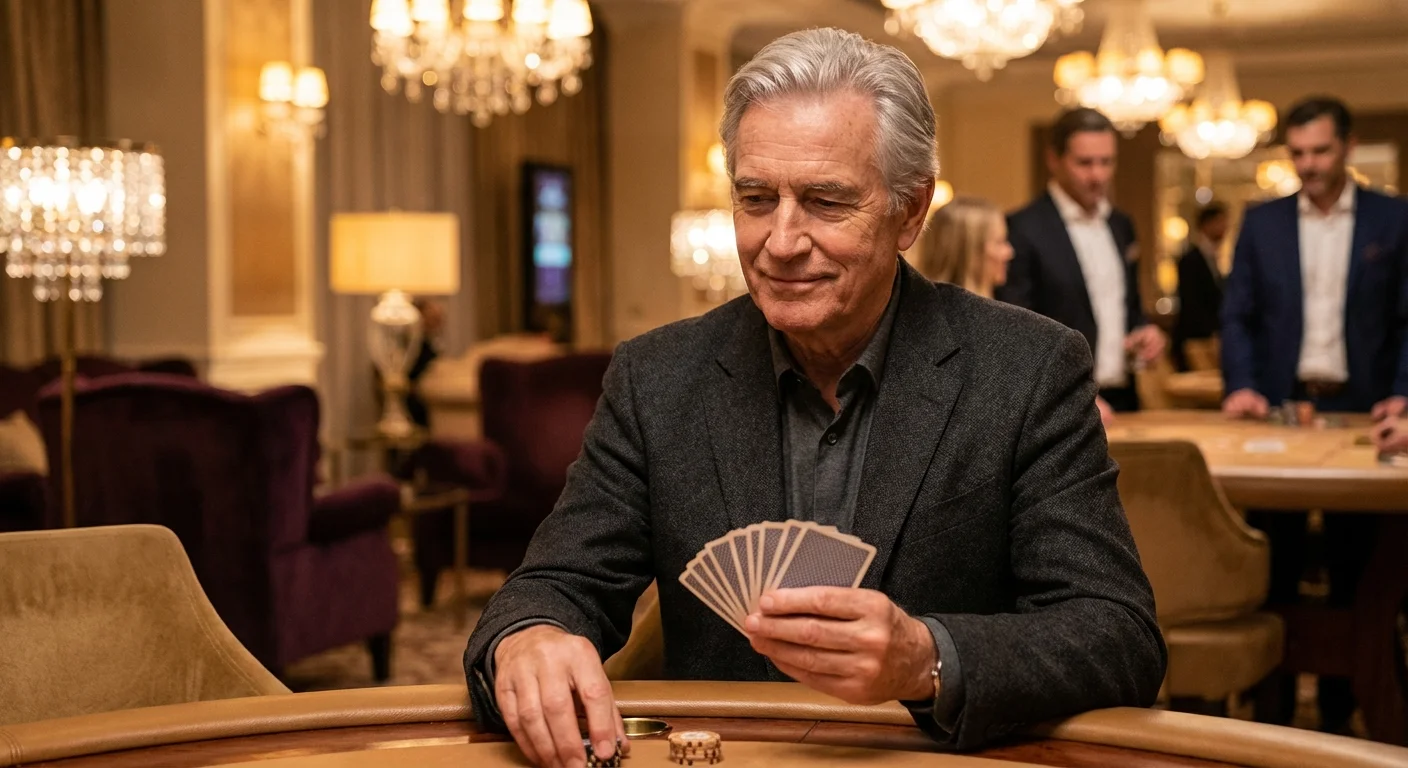 A well-dressed senior man playing cards in a luxury lounge setting.