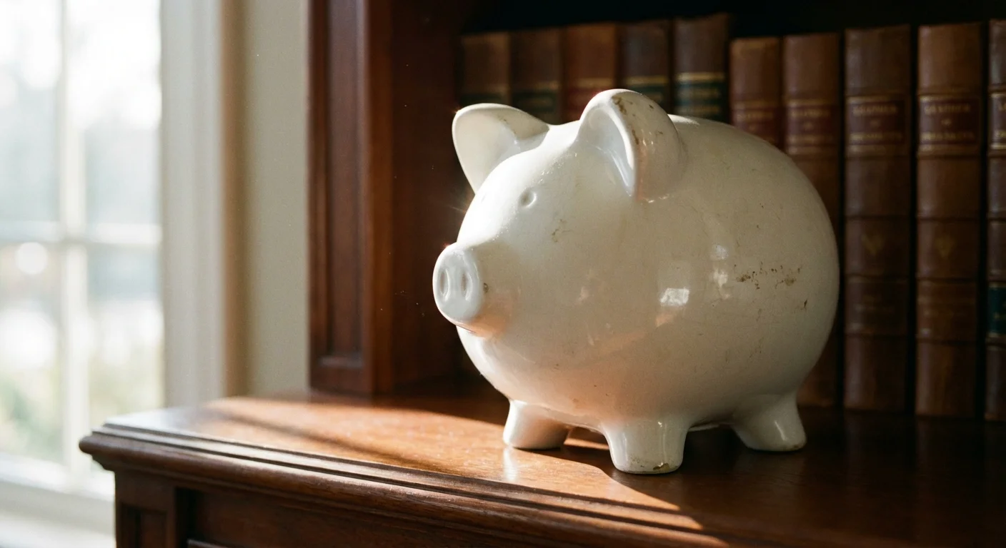 A white piggy bank placed on a high shelf to symbolize out-of-reach savings.