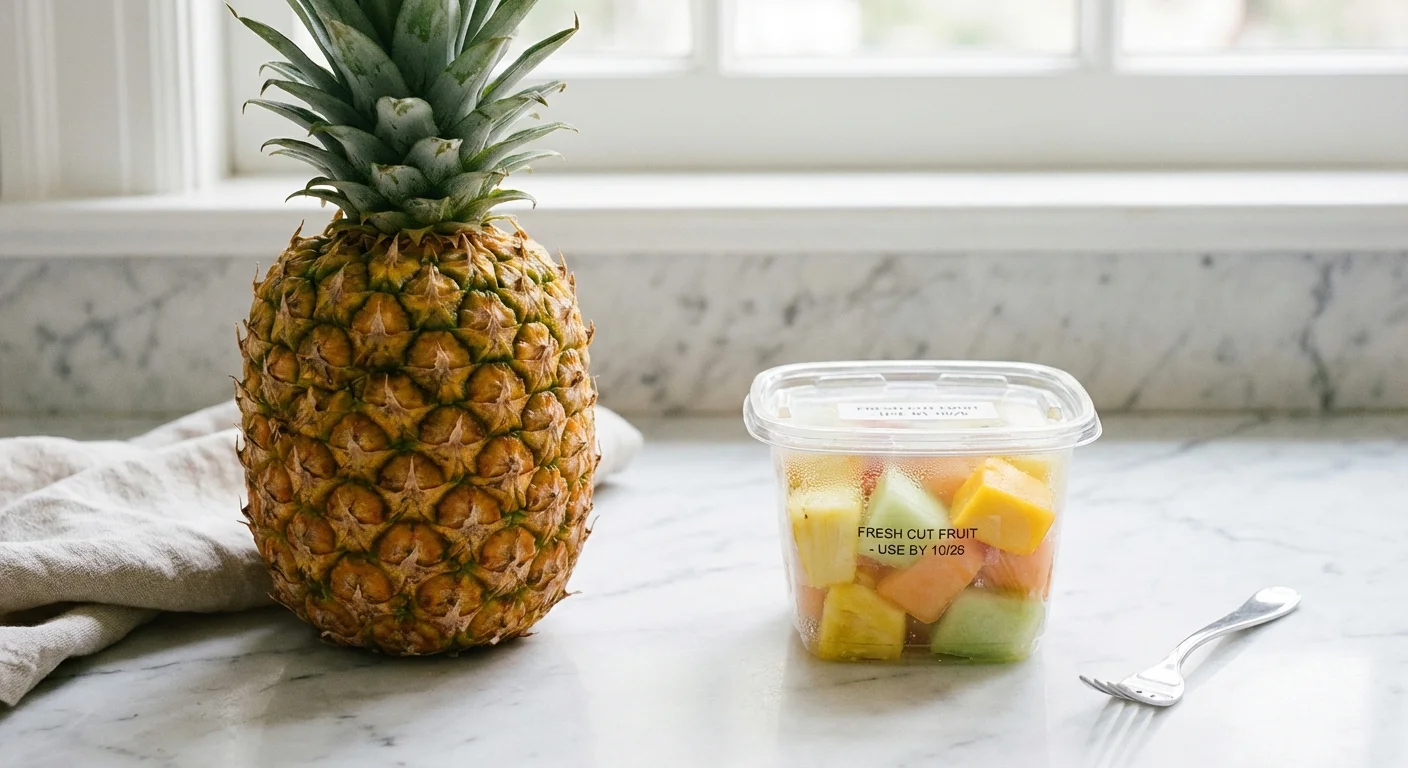 A whole pineapple next to a container of pre-cut fruit.