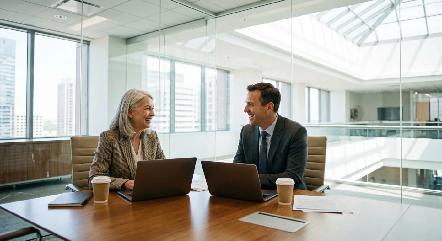 A woman consulting with a professional advisor in a modern, bright office.