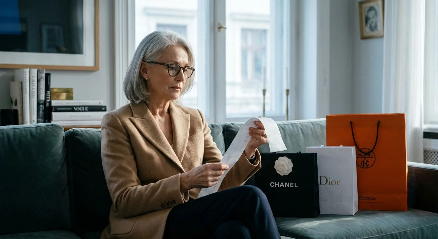 A woman looking thoughtfully at a shopping receipt, illustrating the consideration of consumer debt.