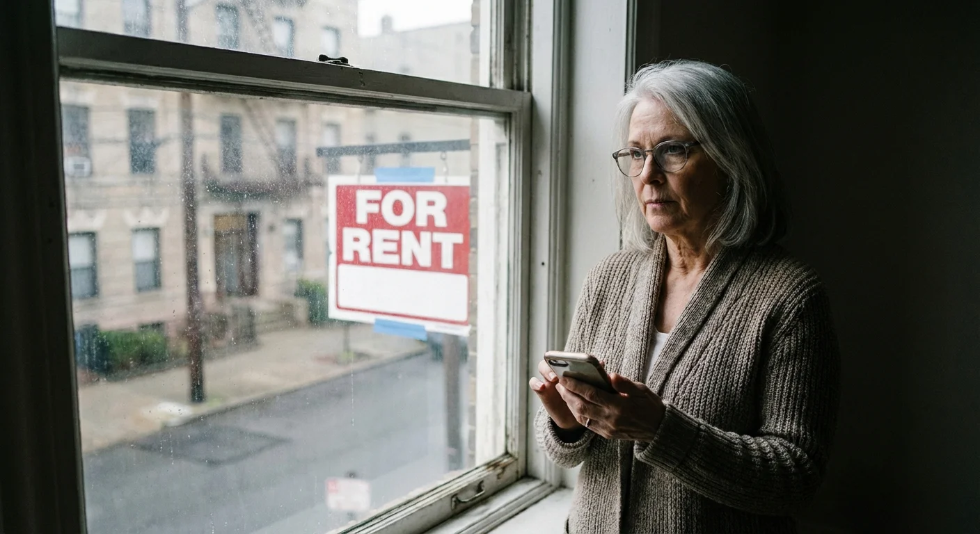 A woman looks at her phone near a window with a 'For Rent' sign outside.