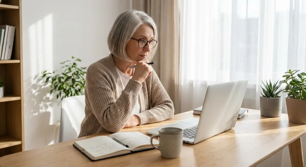 A woman looks thoughtfully at her laptop screen in a clean home office.