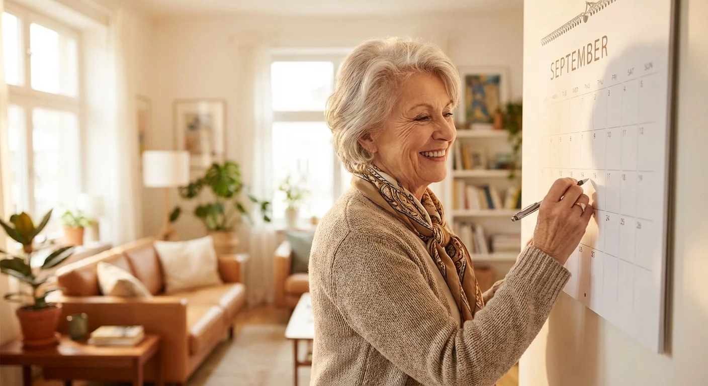 A woman marking a date on a calendar with a smile.
