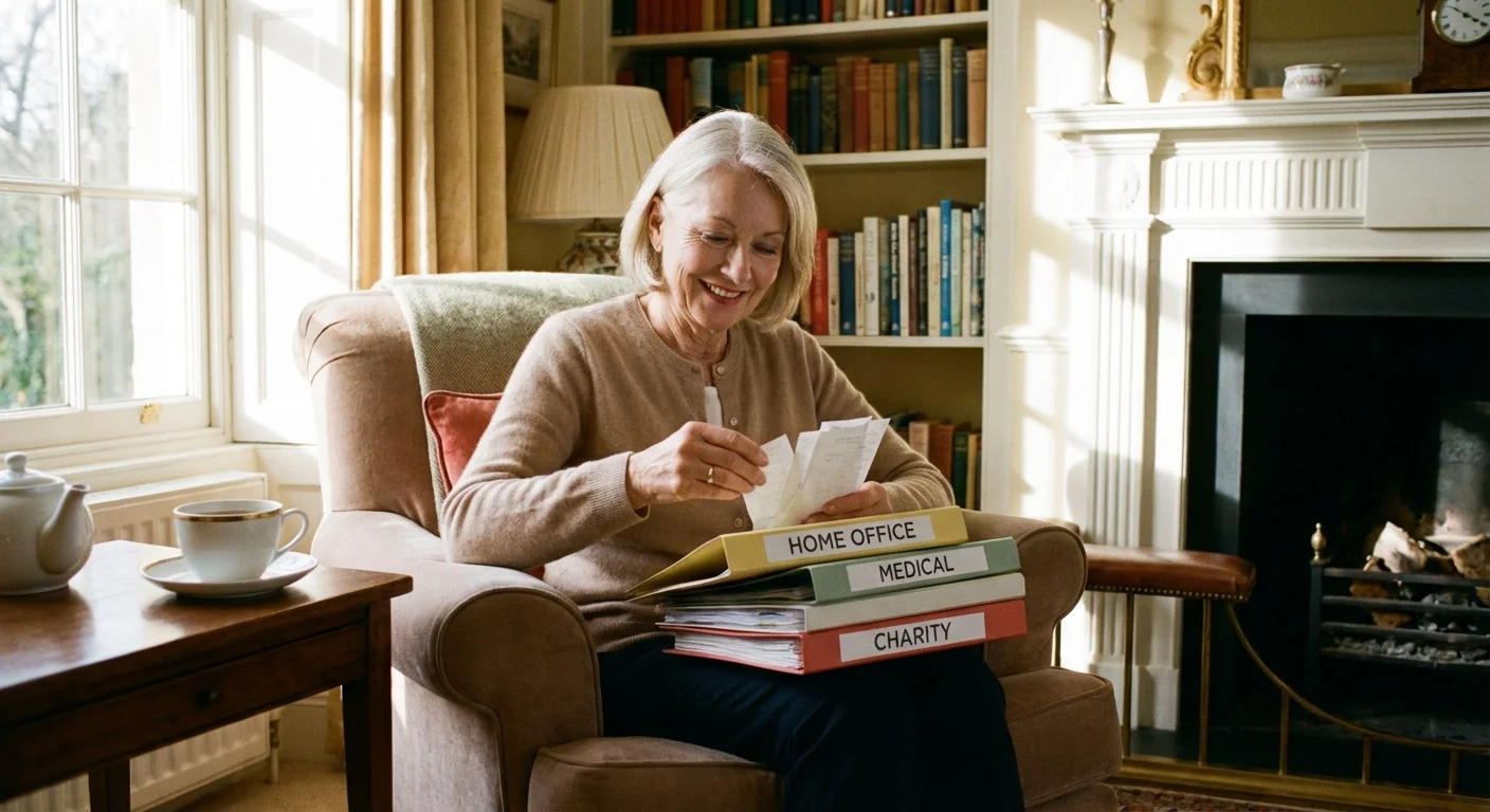 A woman neatly organizing financial documents and receipts in a comfortable living room.