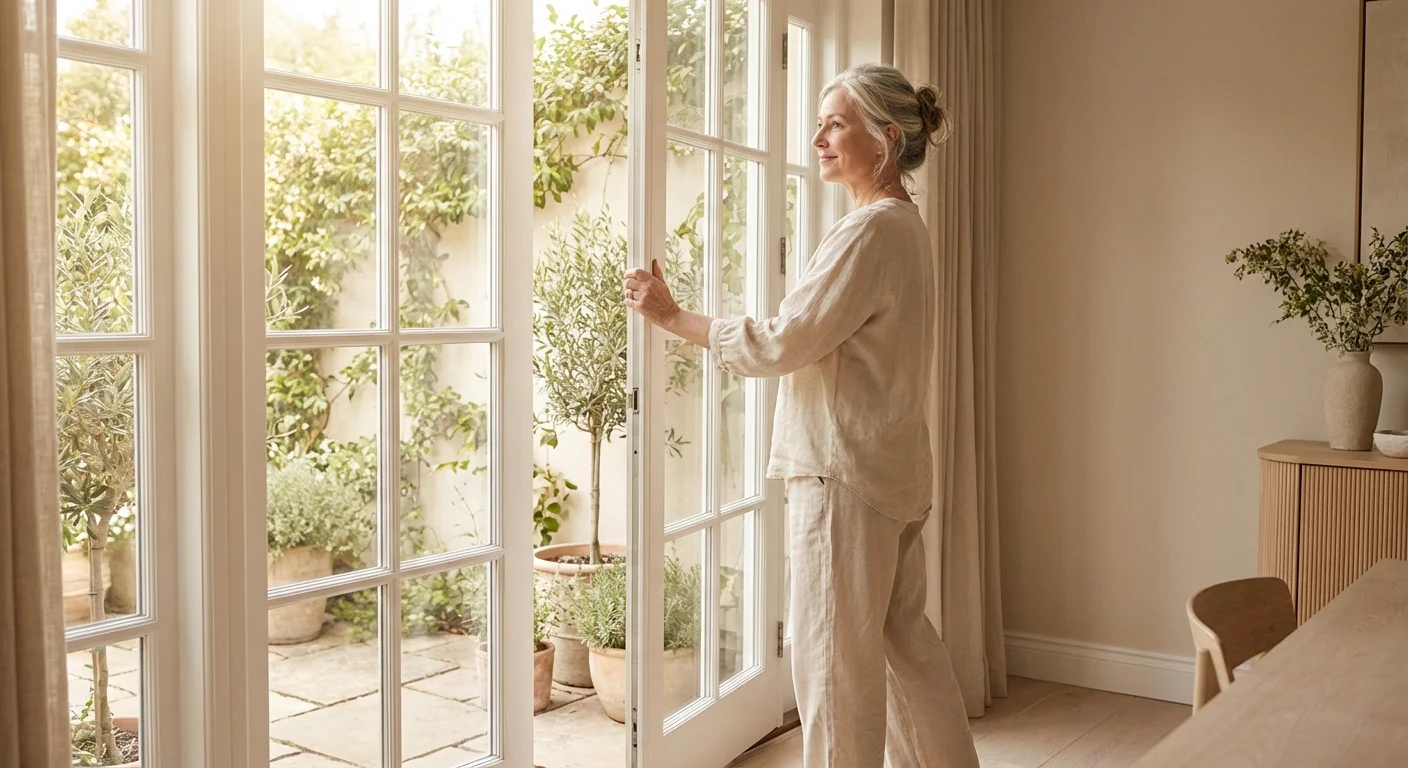 A woman over 60 opening doors to a sunny patio, symbolizing a fresh start and overcoming a slump.