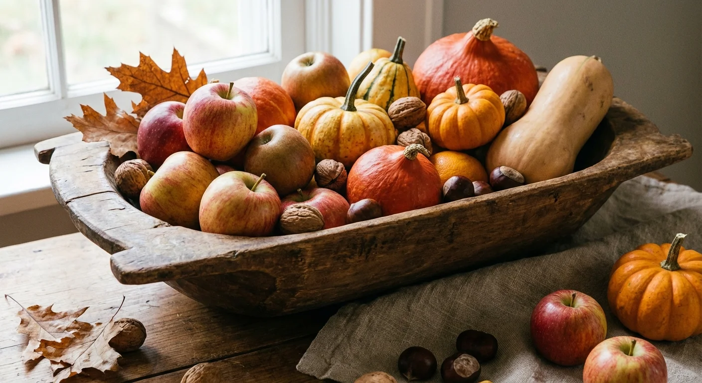 A wooden bowl filled with seasonal autumn fruits and vegetables.