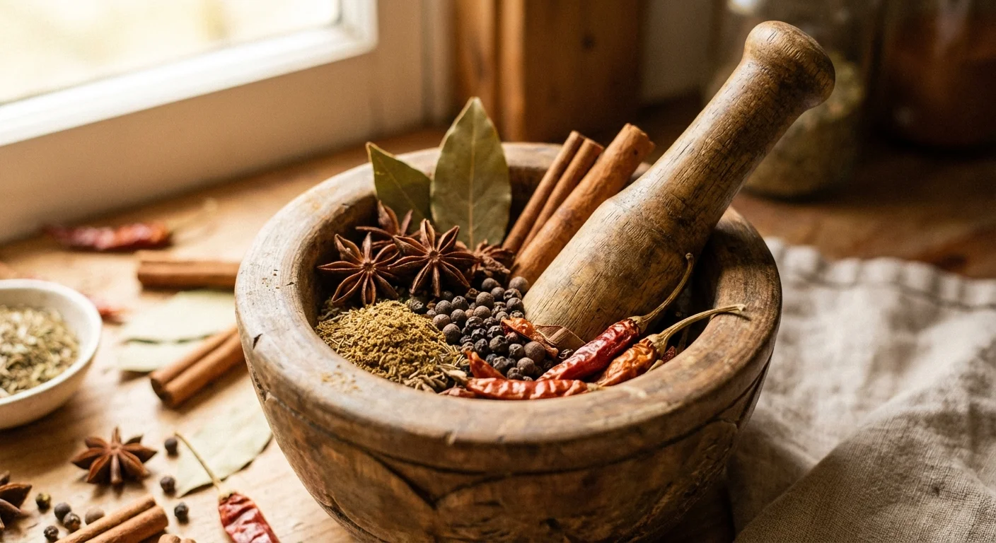 A wooden mortar and pestle with dried herbs and spices.