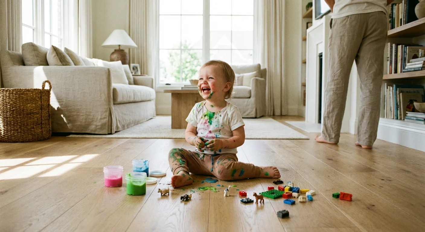 A young child playing with sticky slime and small toys on a clean wooden floor in a bright house.