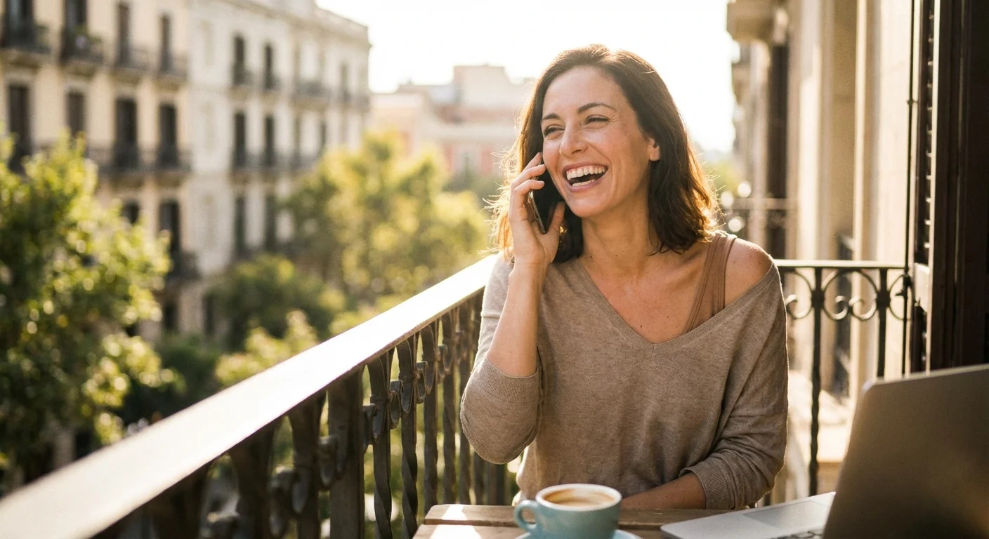 A young woman smiling while talking on her phone on a bright balcony.