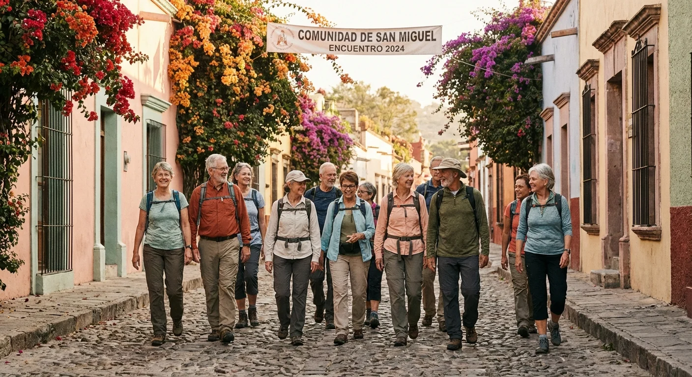 Active seniors walking through a vibrant, historic colonial town in Latin America.