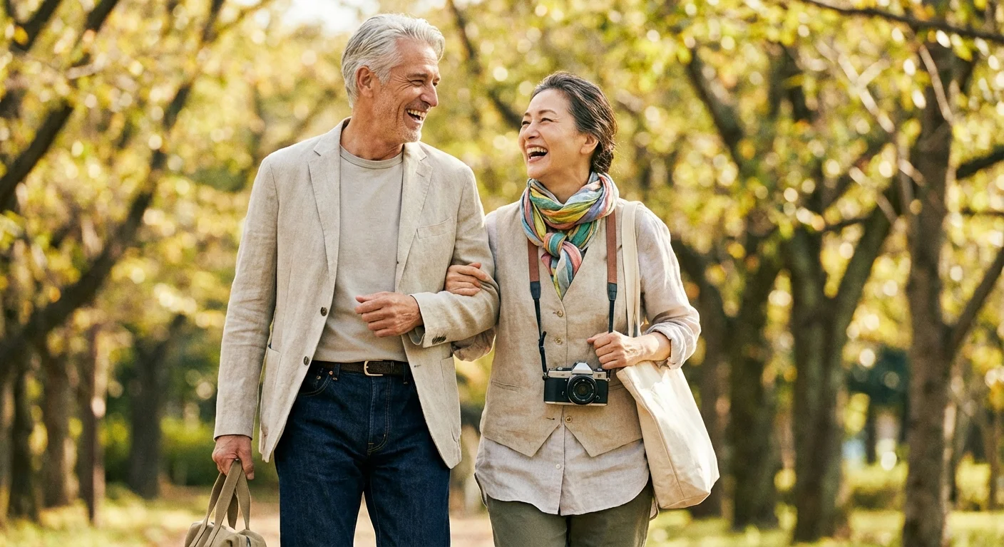 An active senior couple dressed in modern, well-fitting casual clothing walking together outside.