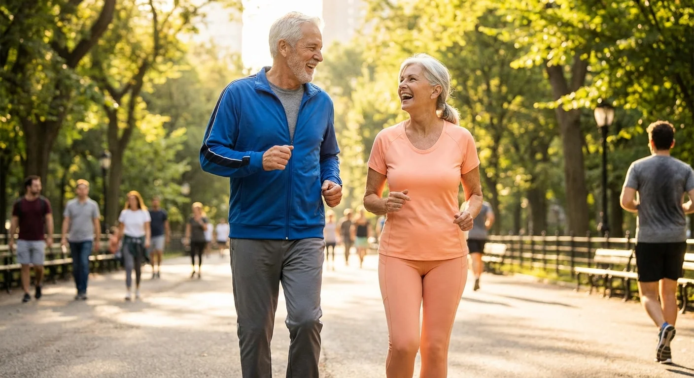 An active senior couple walking together in a bright, sunny park.