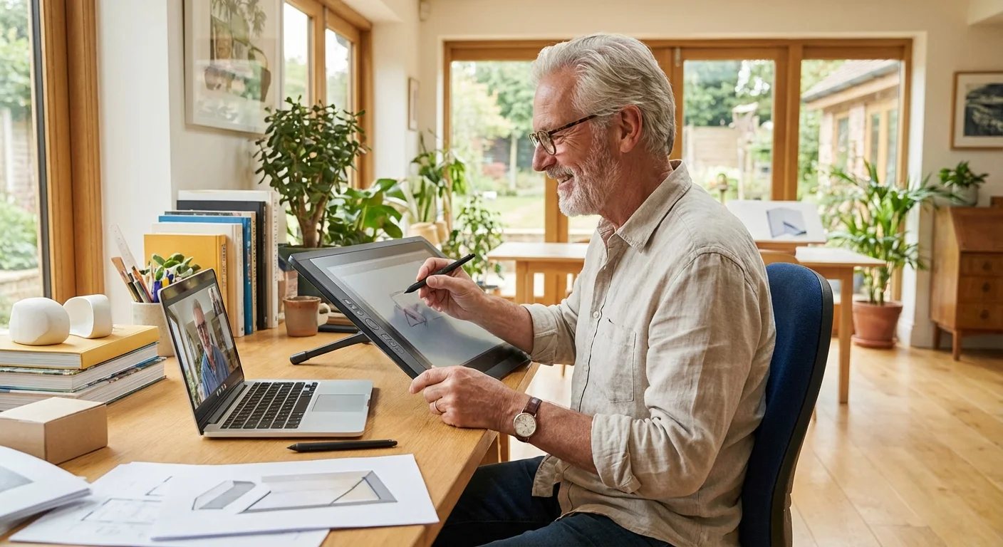 An active senior man working happily in a modern, sunlit home office.