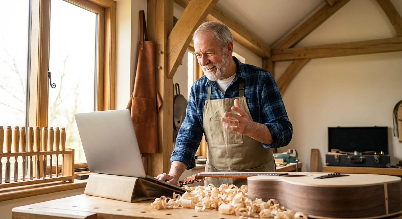 An active senior man working on a professional project in his home studio.