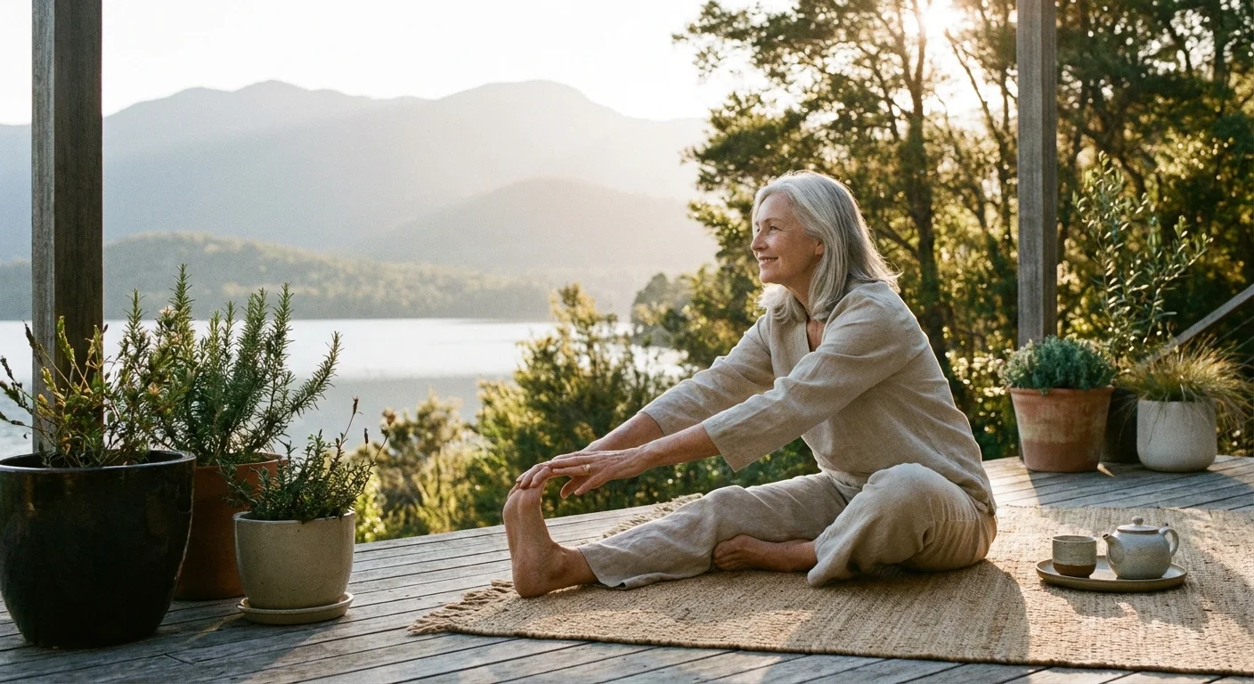 An active senior woman exercising outdoors with a mountain backdrop, illustrating healthy aging and life expectancy factors.