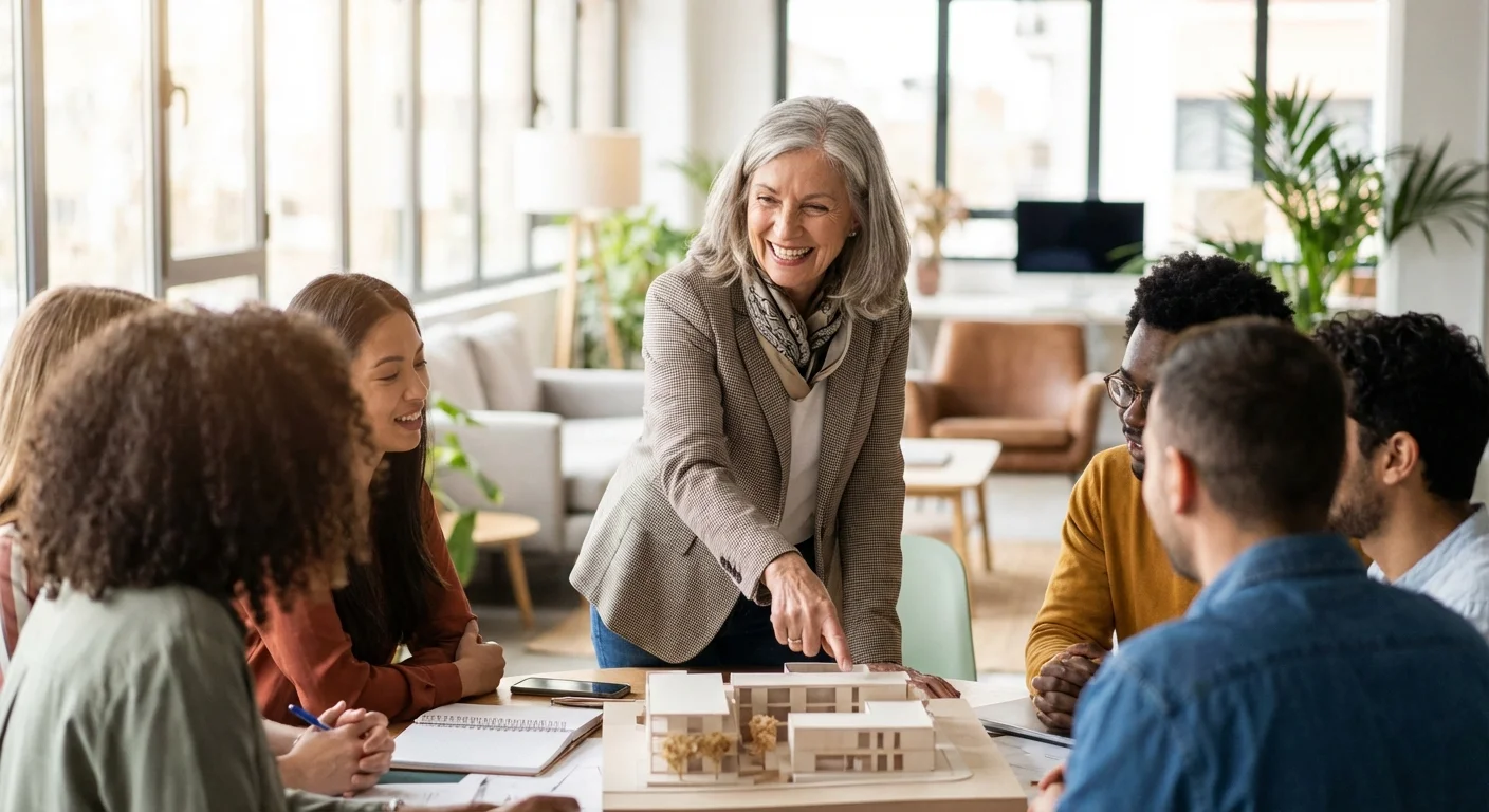 An active senior woman smiling while working in a community office.