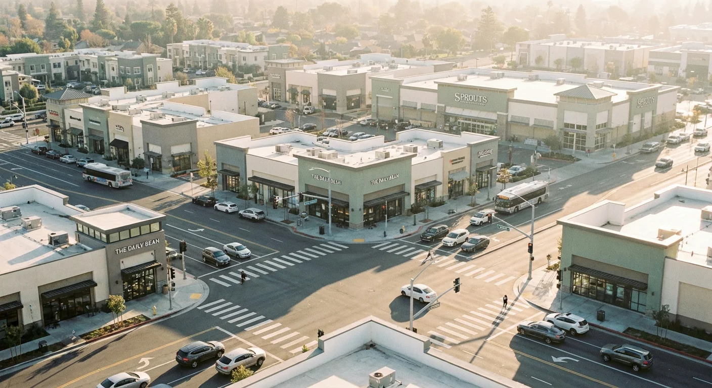 An aerial view of retail buildings clustered at an intersection.