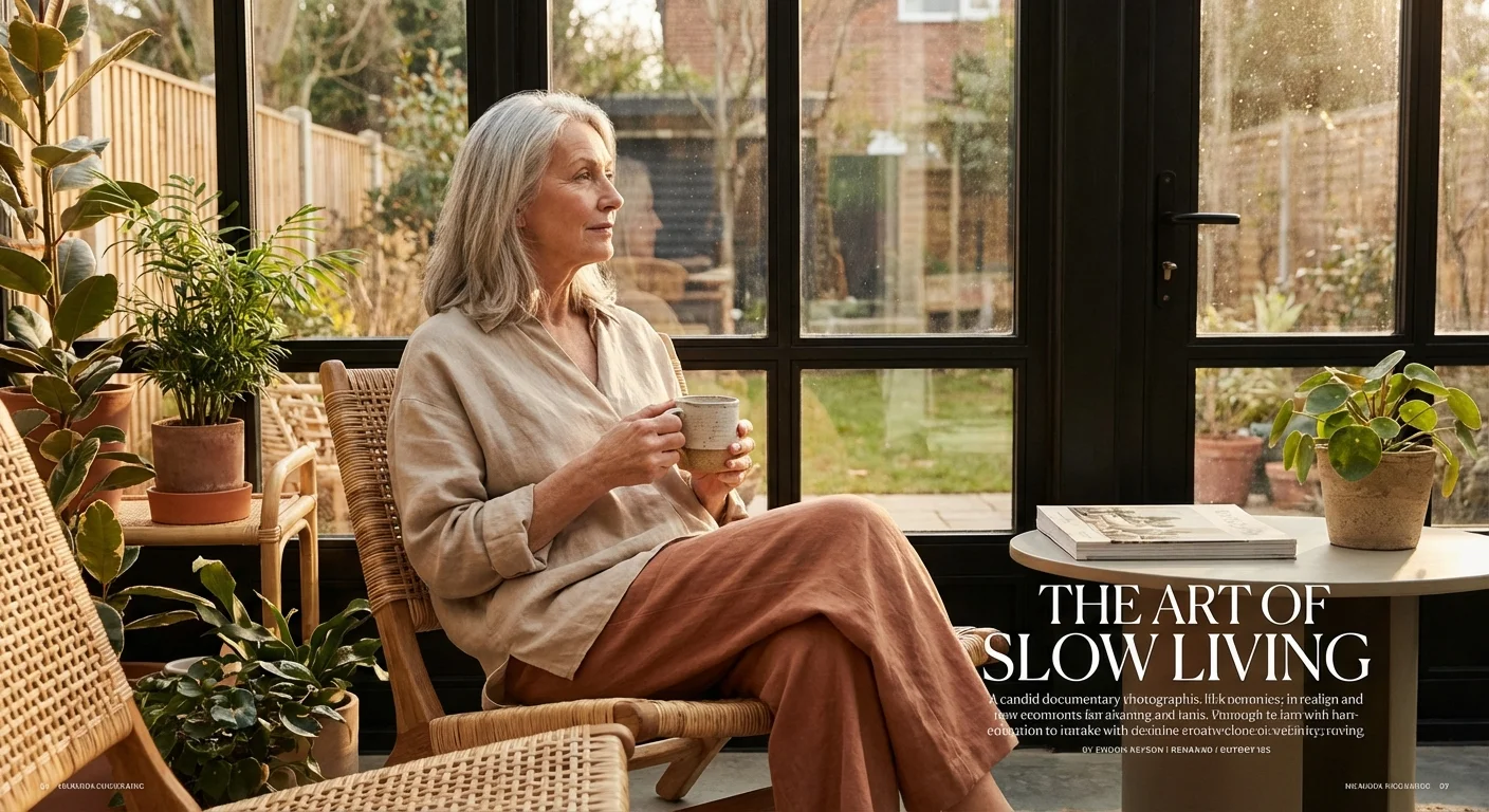 An elegant senior woman looking thoughtfully out a window in a bright sunroom, symbolizing reflection on retirement choices.