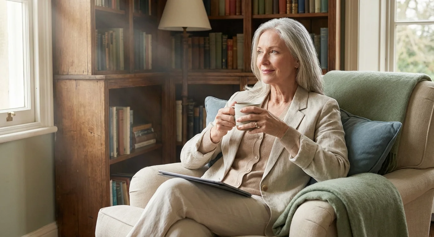 An elegant senior woman looks thoughtfully at a screen in a sunlit library, illustrating discernment.