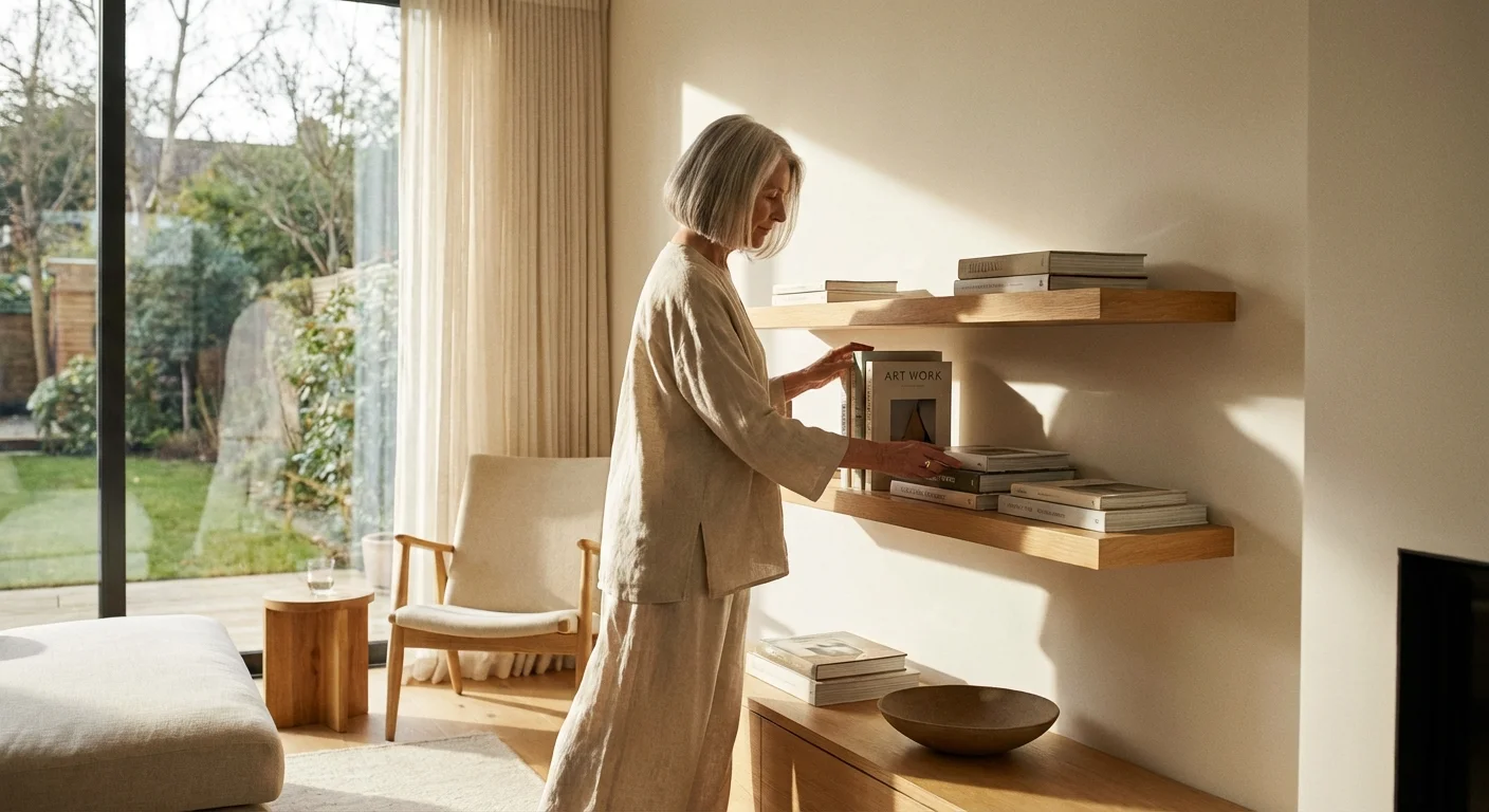 An elegant senior woman organizing her minimalist living space in a bright, modern rental home.