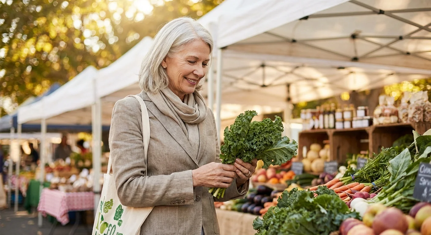 An elegant senior woman shopping at a sunny outdoor market, representing stable purchasing power.