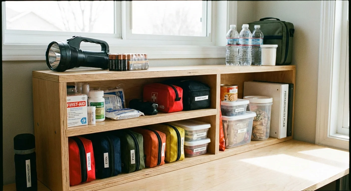 An emergency kit with a flashlight and batteries on a shelf.