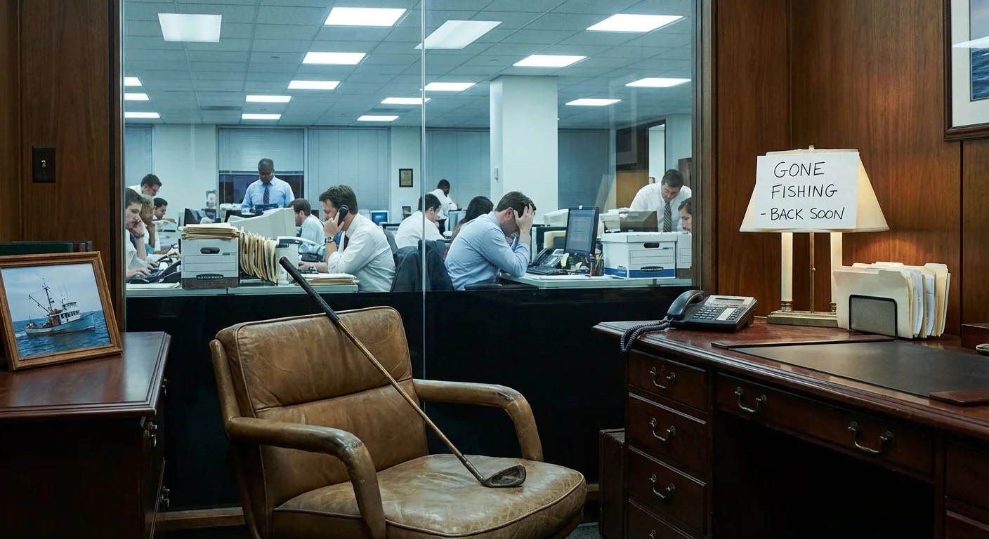 An empty executive office with a golf club, while the team works hard outside.