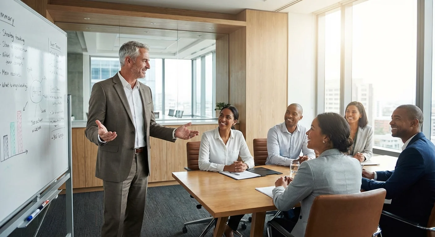 An inspirational manager leading a meeting with an engaged, happy team.