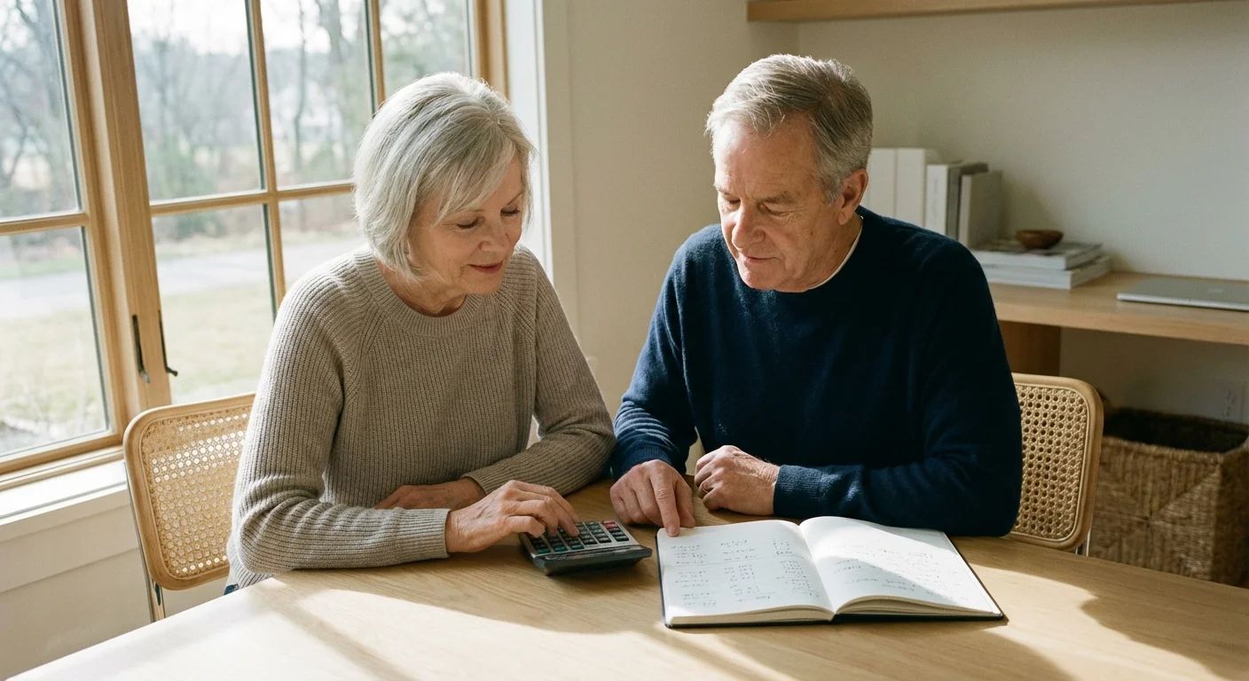 An older couple calmly reviewing their finances together at a desk.
