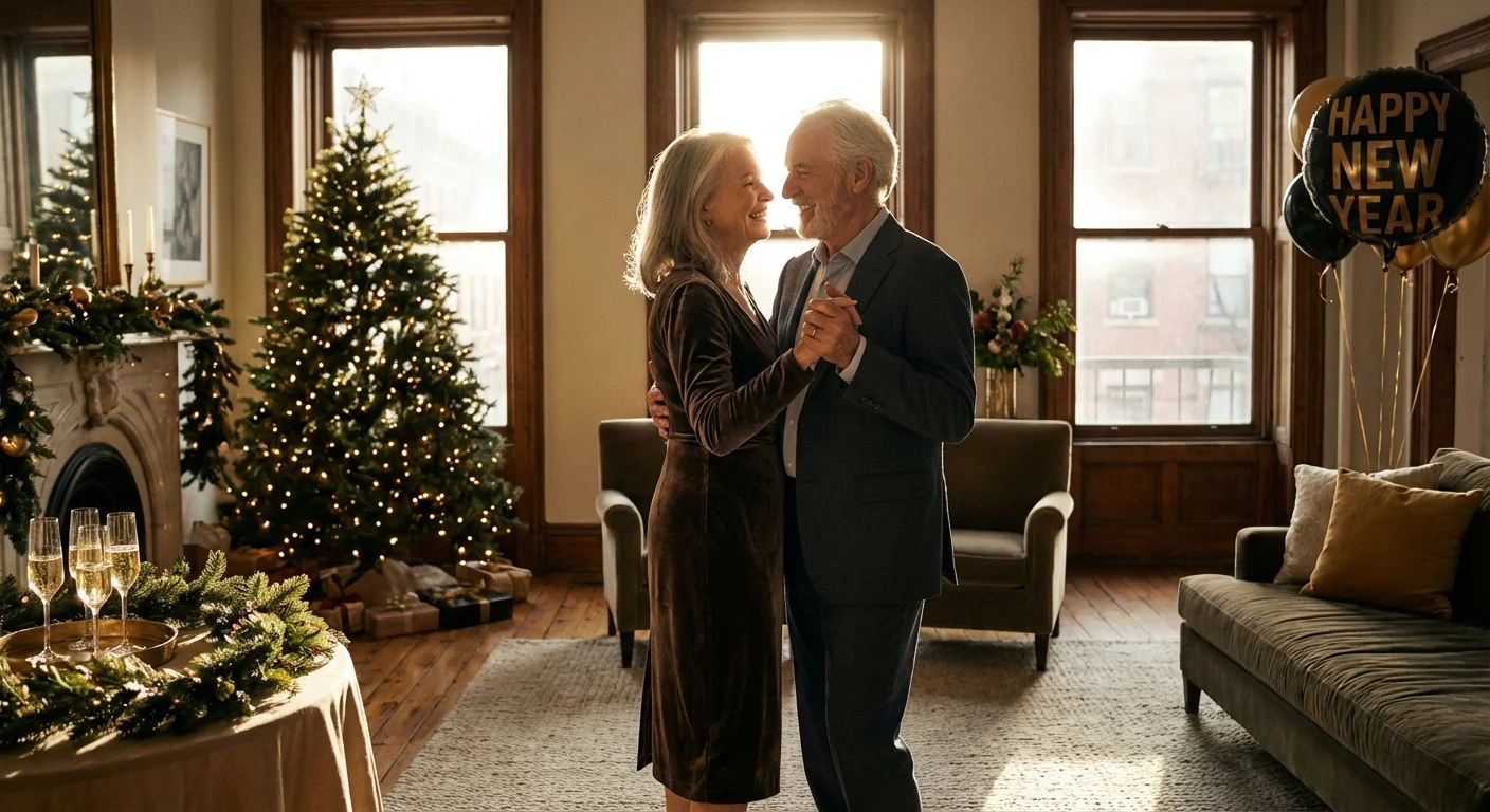 An older couple dancing joyfully together in a decorated home during a New Year's Eve celebration.
