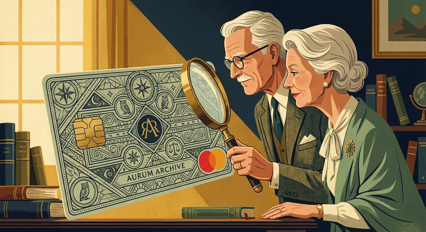 An older couple examining an oversized, artistic credit card with a magnifying glass.